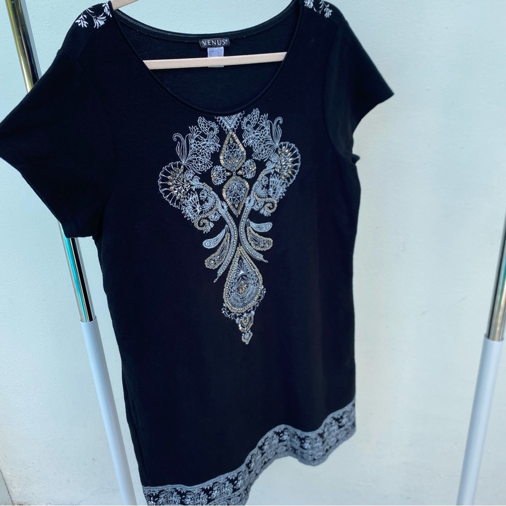 Y2K 100% Cotton Black Mandala Print Embellished Dress Size Large